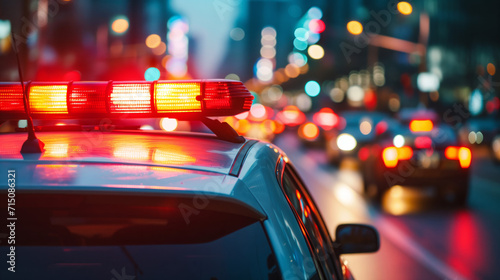 Urban Emergency Response. Police car lights flashing at night in the city. © GustavsMD