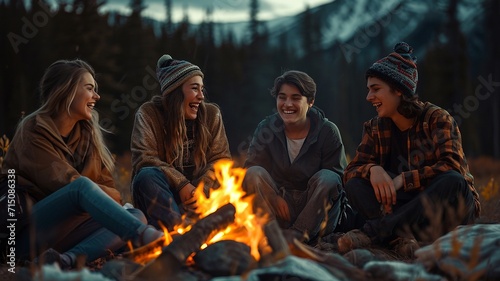 A group of teens laughing around a campfire, generative ai.