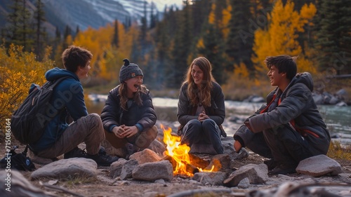 A group of teens laughing around a campfire, generative ai.