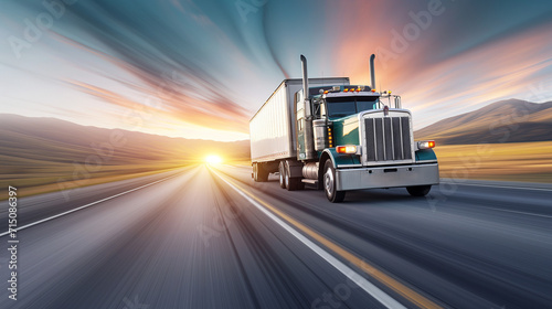 Big rig trucking at dusk, transport logistics, highway travel, sunset backdrop, freight industry, dynamic motion, cross-country, commercial delivery.