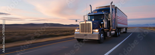 Classic semi-truck cruising on rural highway at sunset, golden sunlight, freight transport, commercial vehicle, long-distance haul, travel, logistics photo