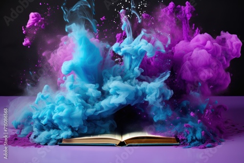  an open book with blue and pink smoke coming out of it on top of a purple and purple tablecloth.