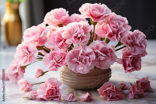  a vase filled with pink flowers sitting on top of a white marble counter top next to a vase filled with pink flowers.