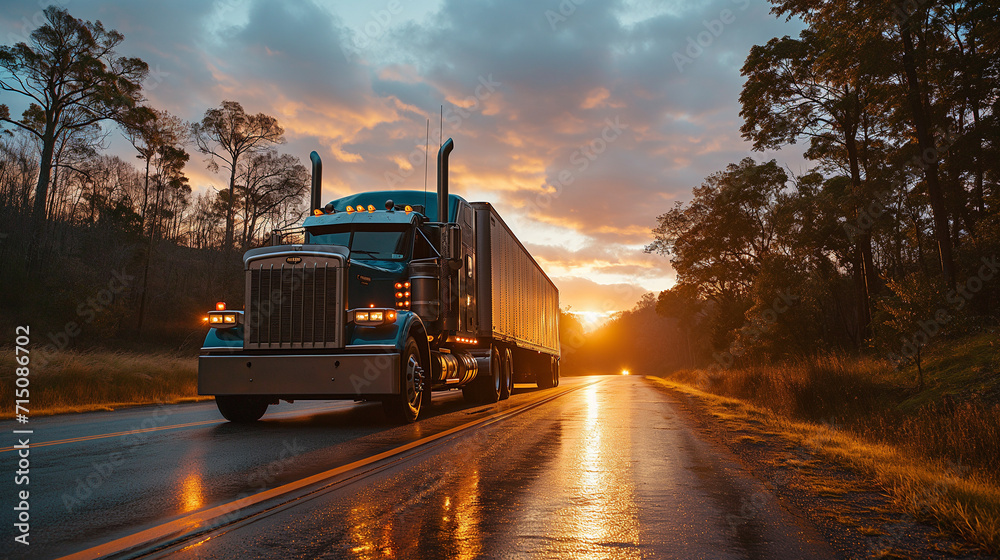 Morning haul with a blue semi-truck on a picturesque mountain road, glowing sunrise, logistics and freight, highway journey, commercial transport
