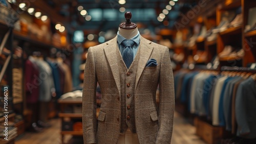 Elegant Business Attire: Beige Suit on Mannequin, Boutique Display in Mall , generative ai.