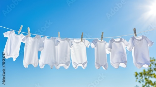  a line of baby ones hanging on a clothes line with the sun shining in the sky in the back ground.