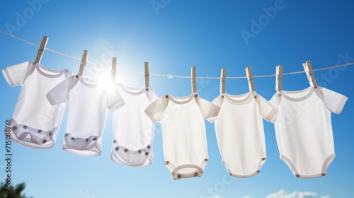  a line of baby ones hanging on a clothes line with the sun shining through the blue sky in the background.