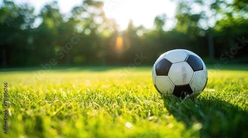 a soccer ball sitting in the middle of a grassy field with the sun shining through the trees in the background. © Nadia