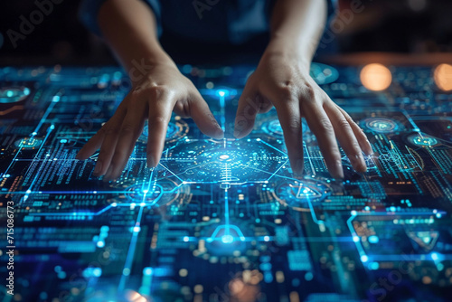 A close-up of hands coding complex algorithms for a futuristic invention, highlighting the digital know-how and inventions of the future