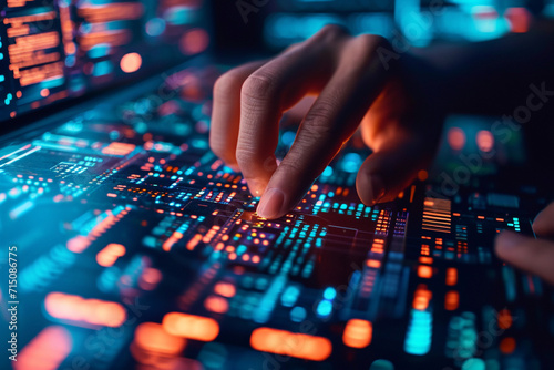 A close-up of hands coding complex algorithms for a futuristic invention, highlighting the digital know-how and inventions of the future