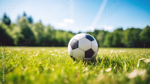  a soccer ball sitting in the middle of a field of green grass with trees in the background.