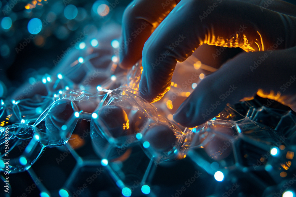 A close-up of hands manipulating nanotechnology materials, emphasizing the microscopic know-how and inventions of the future A close-up of hands manipulating nanotechnology materials, emphasizing the microscopic know-how and inventions of the future