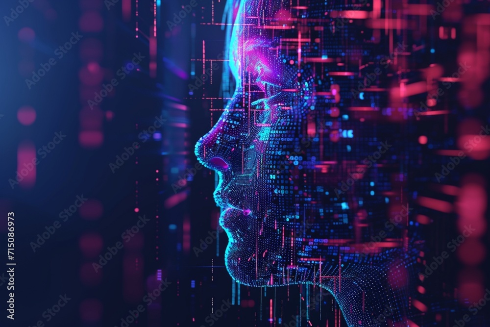 Abstract digital human face. Artificial intelligence concept of big data or cyber security. 3D illustration - obrazy, fototapety, plakaty 