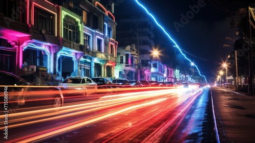  a blurry photo of a city street at night with a car light streak in the foreground and a row of buildings in the background.