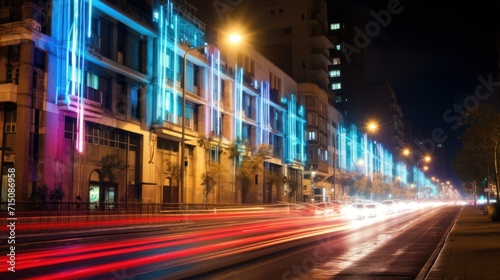  a blurry photo of a city street at night with a building in the background and street lights in the foreground.