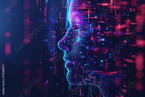 Abstract digital human face. Artificial intelligence concept of big data or cyber security. 3D illustration