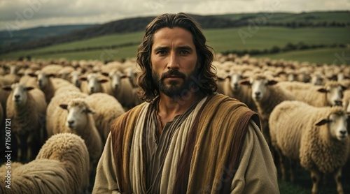 Jesus Christ and his disciples tending a flock of sheep. Generative AI. photo