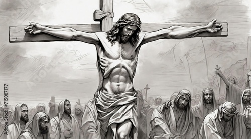 Black and white illustration of Jesus Christ nailed to his cross at the hill of Golgotha, Jerusalem. Generative AI.