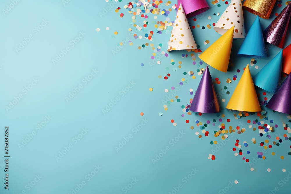 Colored confetti and party hats on blue background. Copy space for text
