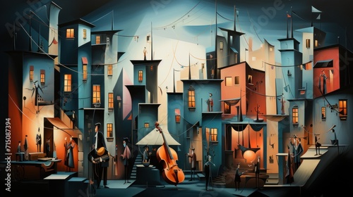  a painting of a group of people playing musical instruments in front of a cityscape with buildings at night.