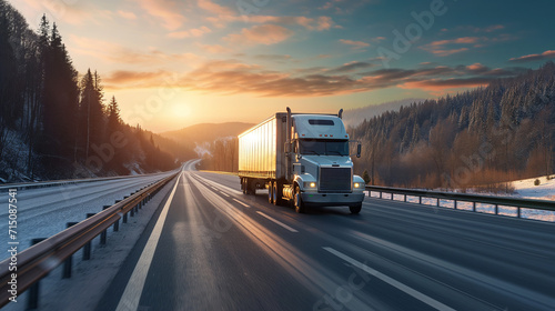 A freight truck moves swiftly on a snowy highway as the winter sun sets behind the hills, illuminating the cold landscape..