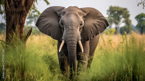 an elephant with tusks walking through tall grass in front of a tree and a field of tall grass.