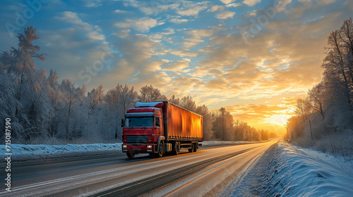 Red semi-truck on snowy winter road at sunrise, showcasing commercial transport, freight logistics, cold weather driving, and scenic beauty.