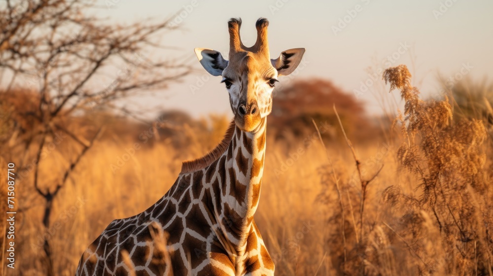  a close up of a giraffe in a field of tall grass with trees and bushes in the background.