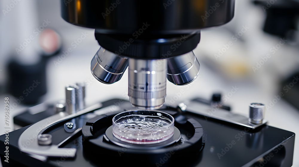 Lens of modern machine over Petri dish and manipulators during process of ovum fertilization in contemporary lab of clinic