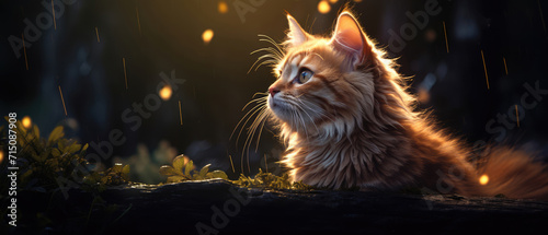 Portrait of a beautiful fluffy ginger cat. Horizontal banner