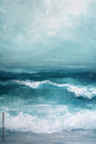 Abstract seascape painting in shades of turquoise and white. Acrylic on canvas depicting ocean waves, ideal for modern coastal decor. Wall art with texture and depth, perfect for interior design 