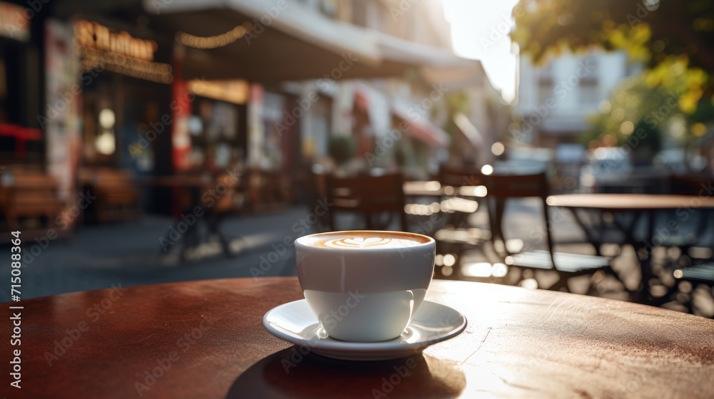a cup of coffee sitting on top of a saucer on top of a wooden table in front of a restaurant. a cup of coffee sitting on top of a saucer on top of a wooden table in front of a restaurant.