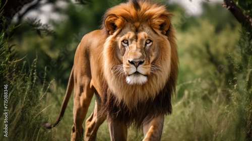  a close up of a lion walking in a field of grass with trees in the background and bushes in the foreground.