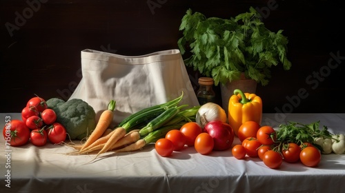  a table topped with lots of veggies next to a potted plant and a white cloth on top of a table.