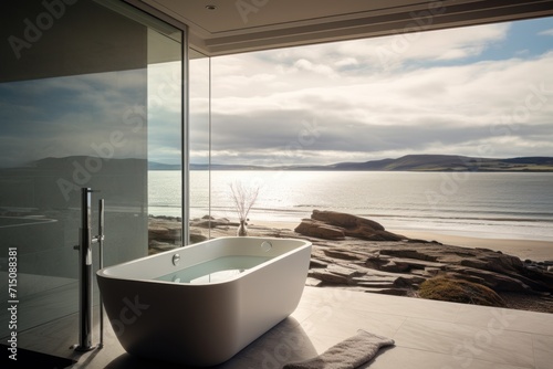  a white bath tub sitting on top of a bathroom counter next to a large glass wall with a view of the ocean.