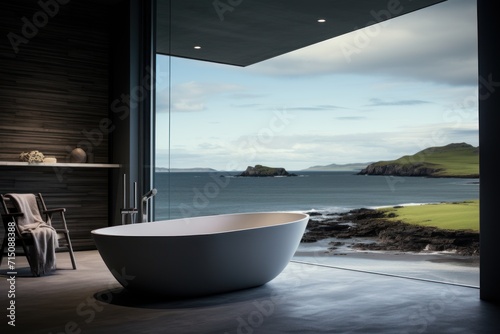  a white bath tub sitting on top of a wooden floor next to a large open window with a view of a body of water. © Nadia