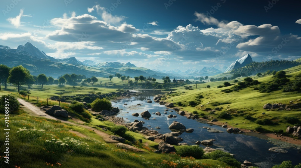  a painting of a river running through a lush green valley under a cloudy blue sky with mountains in the distance.
