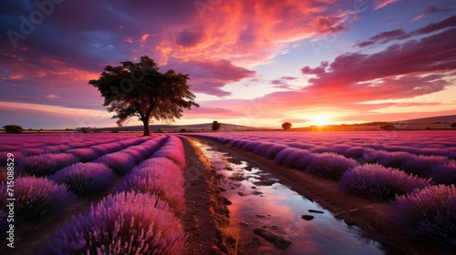  a lavender field with a lone tree in the foreground and a sunset in the background with clouds in the sky.