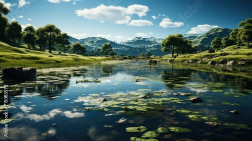  a painting of a pond with lily pads in the foreground and a mountain range in the background with clouds in the sky.