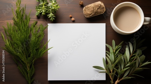  a table topped with a cup of coffee and a white sheet of paper next to a plant and a cup of coffee.