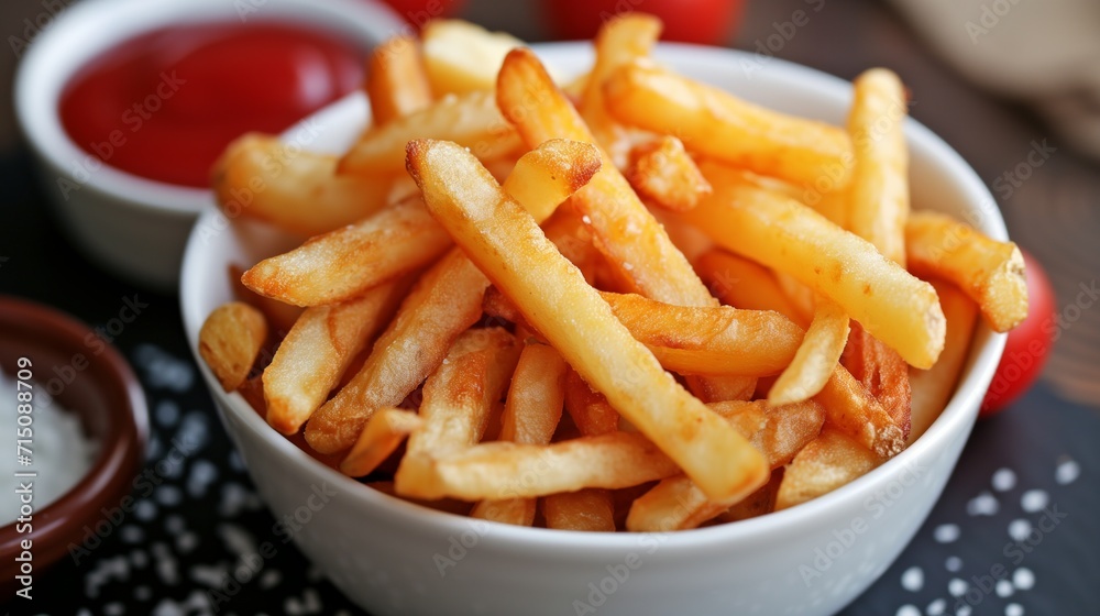 Seasoned crispy french fries in a white bowl, a fast-food favorite Seasoned crispy french fries in a white bowl, a fast-food favorite