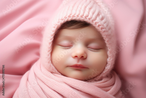 Small swaddled newborn baby on pink background