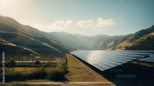  a solar panel on the side of a road in a mountainous area with mountains in the background and a fence in the foreground.