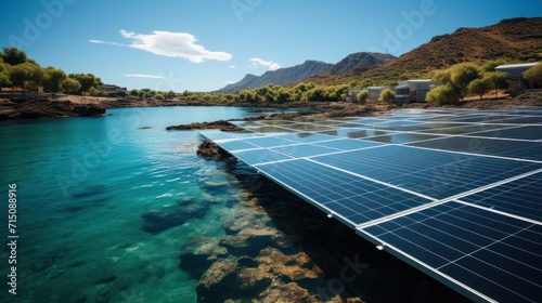 a body of water with a bunch of solar panels on the side of it and a mountain in the background.