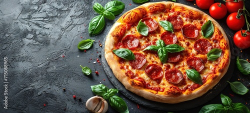 Delicious pepperoni pizza on a dark background, sausage pizza, italian pepperoni pizza in pizzeria