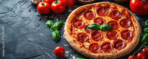 Delicious pepperoni pizza on a dark background, sausage pizza, italian pepperoni pizza in pizzeria