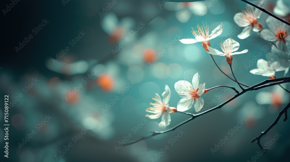  a close up of a flower on a tree branch with blurry lights in the background and a blue sky in the background.