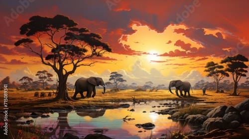  a painting of a sunset with two elephants in the foreground and a body of water in the foreground.