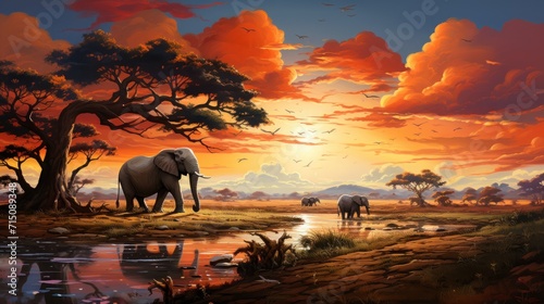  a painting of a sunset with a group of elephants in the foreground and a body of water in the foreground.