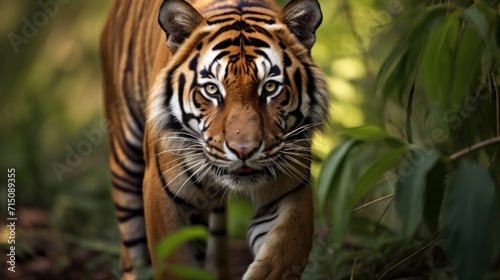  a close up of a tiger walking through a forest filled with grass and trees with a blurry background of leaves. © Nadia